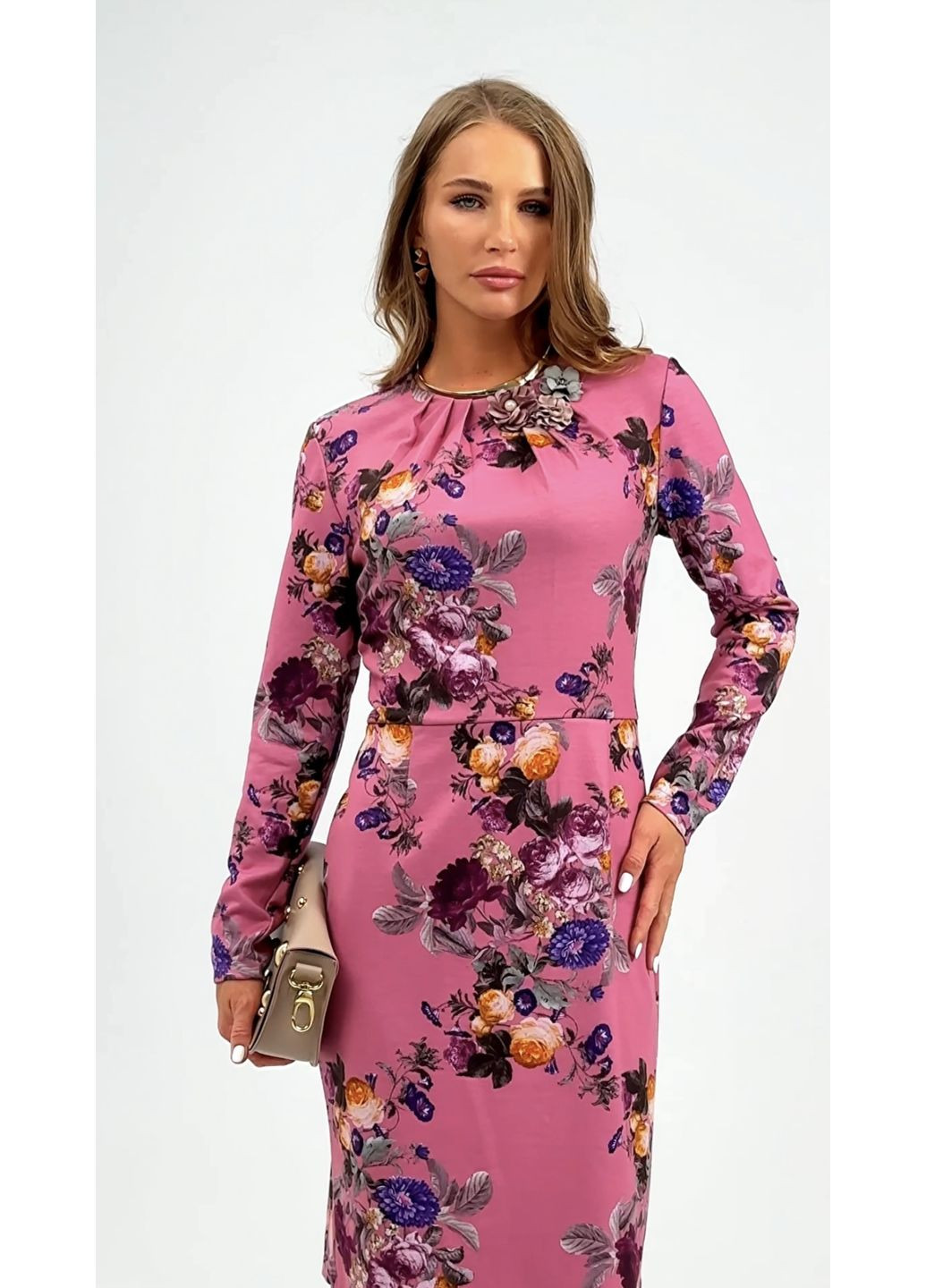 Комбинированное розовое приталенное платье в цветочный принт - ua42 / eu36 Iren Klairie