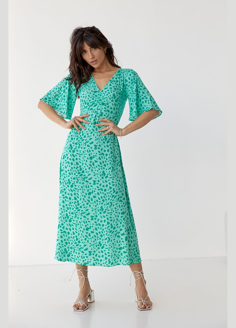 Смарагдова повсякденний сукня-міді з короткими розкльошеними рукавами 6365 Lurex в горошок