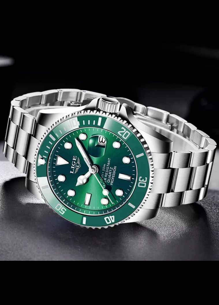 Мужские наручные часы Lige Daytona GREEN кварцевые элитные часы из нержавеющей стали Liga (341316278)