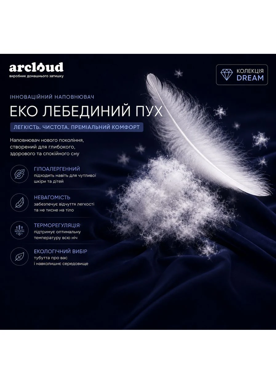 Комплект подушок 50×70 см 2 шт — низькі подушки для сну, еко лебединий пух, гіпоалергенні ArCloud TYSHA (393954848)
