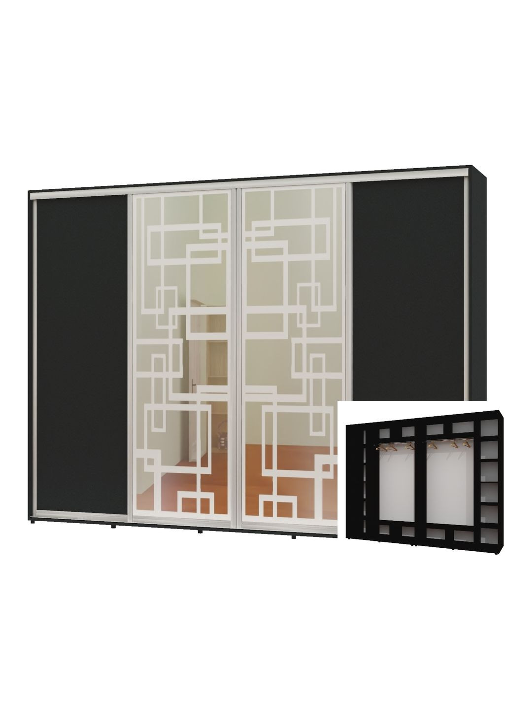 Шафа-купе чотиридверна 300*60*230 Антрацит 2 ДСП/2 Дзеркала з піскострумним малюнком Алекса (360467736)