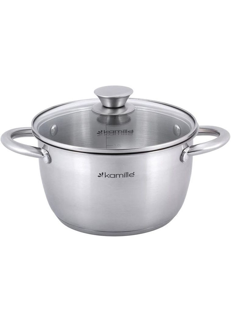 Кастрюля из нержавеющей стали 3л с мерной шкалой для готовки и варки пищи с крышкой стеклянной Kamille (368988477)