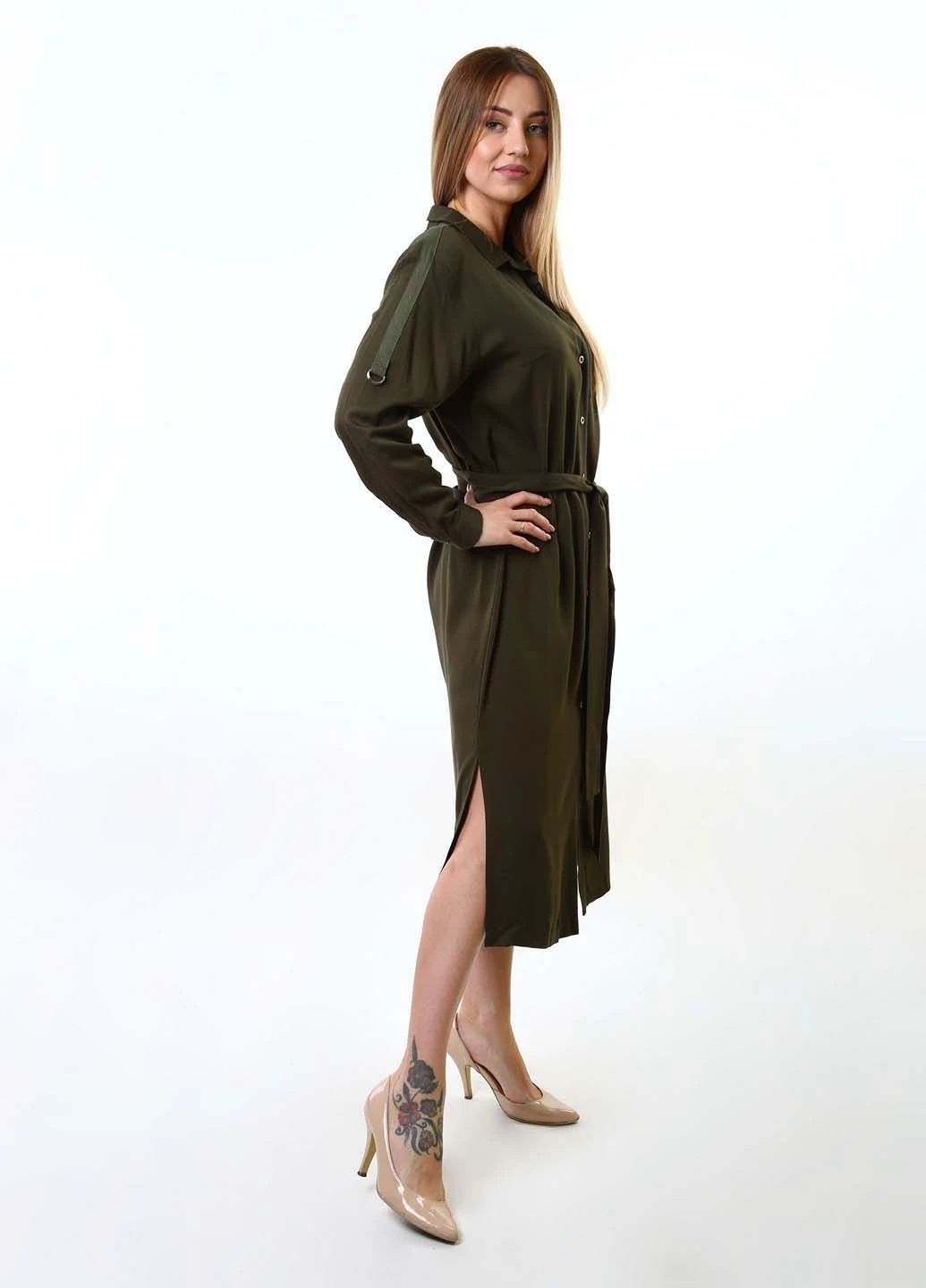 Оливковое (хаки) кэжуал платье InDresser однотонное