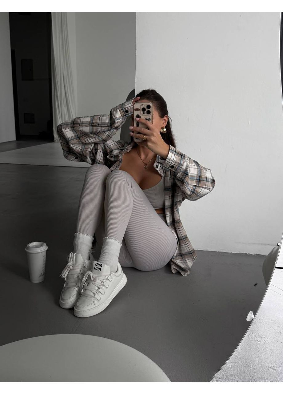 Серо-бежевая повседневный, кэжуал рубашка в клетку No Brand с длинным рукавом