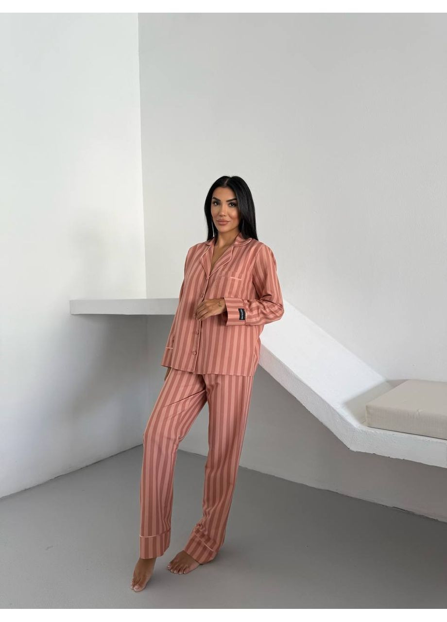 Персиковая всесезон женская пижама персиковая с вертикальной полоской рубашка + брюки Vital-Textile 1293
