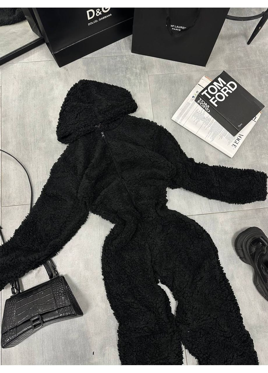 Жіночий теплий комбінезон FINO Mode комбінезон-брюки однотонний чорний спортивний, повсякденний, домашній, кежуал штучне хутро