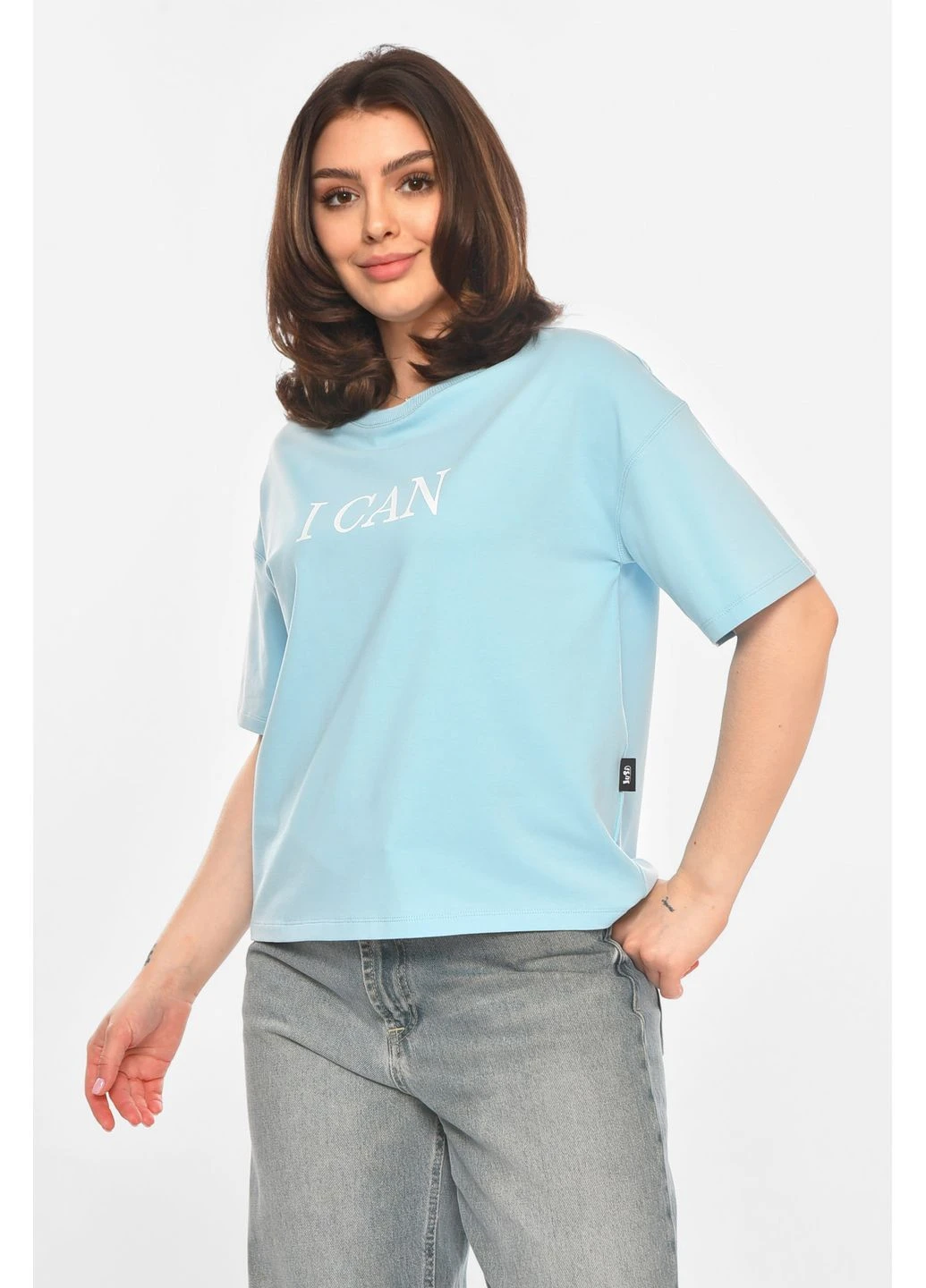 Футболка женская голубого цвета с принтом Let's Shop - (392143879)