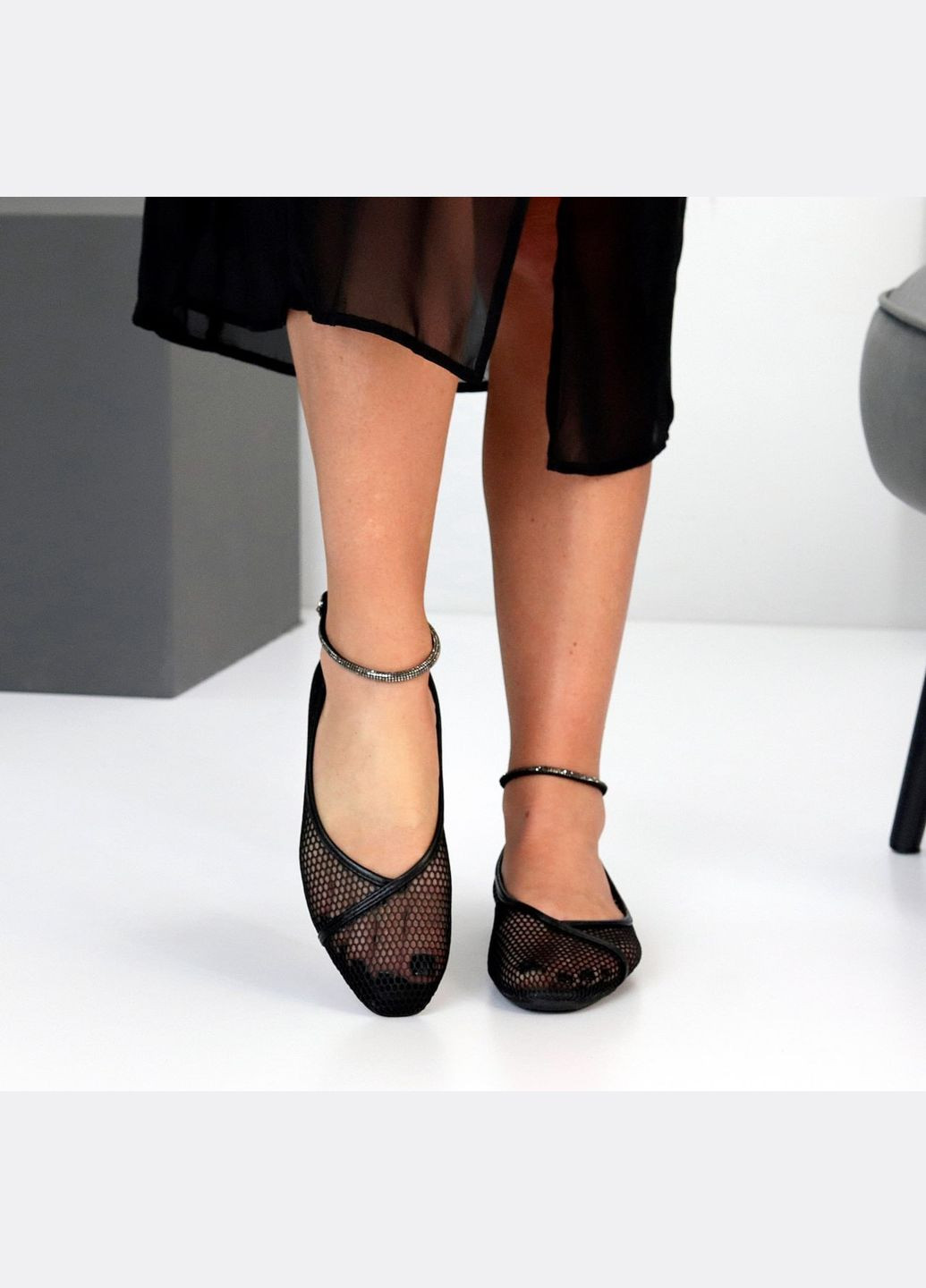 Жіночі жіночі літні балетки чорного кольору з екошкіри та сітки з ремінцем у стразах Ailaifa | чорні стрази штучна шкіра (347324835)