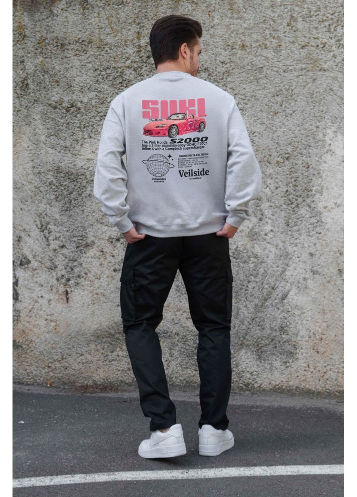 Серый утепленный оверсайз свитшот на флисе с принтом suki gray Without (362357812)