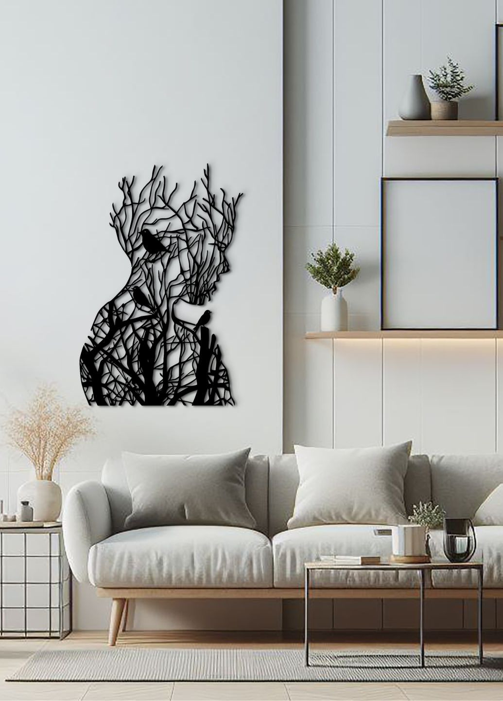 Сучасна картина на стіну, декор в кімнату "Мереживо дівчина з птахами", стиль лофт 60х40 см Woodyard (292112382)