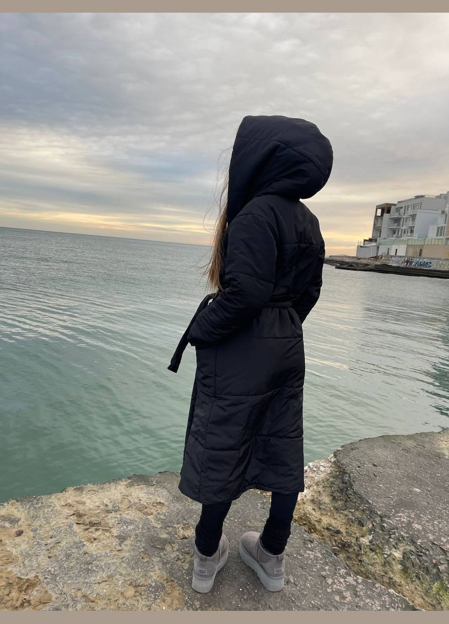 Черная демисезонная черная куртка-одеяло на флисовой подкладке+силикон 200, очень тёплая куртка с поясом+ кнопки и капюшоном No Brand 702-1