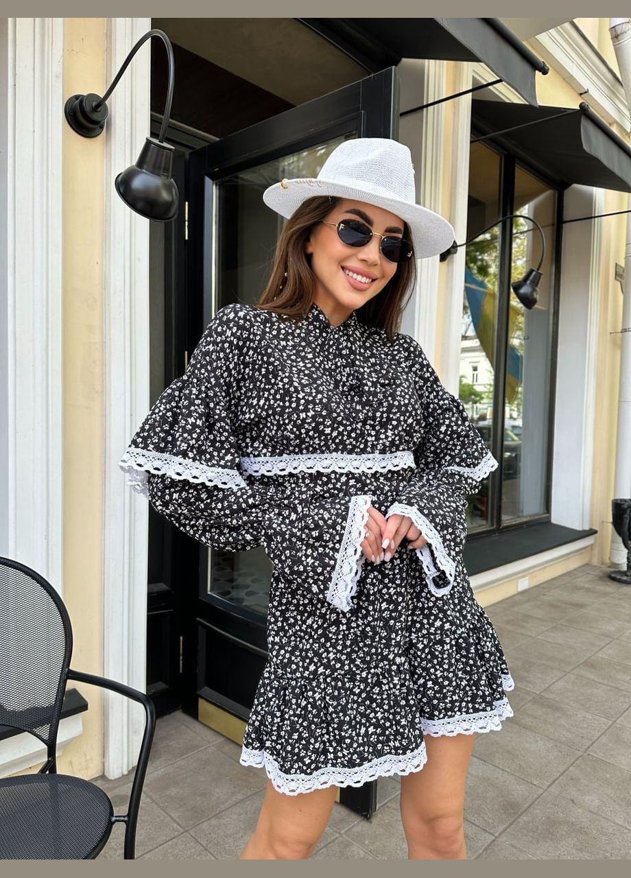 Чорна повсякденний, кежуал, коктейльна, вечірня жіноча сукня кльош No Brand з квітковим принтом