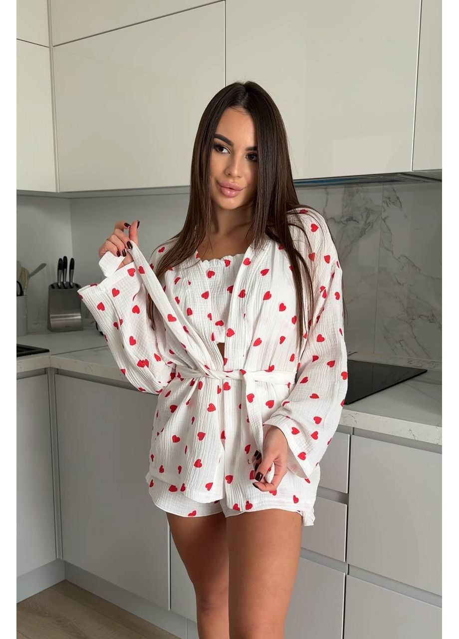 Белая пижама женская тройка шорты, топ и халат No Brand