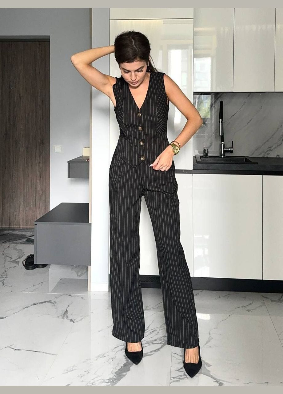 Класичний жіночий костюм жилет та штани палаццо з карманами в смужку чорний You Best (299740886)