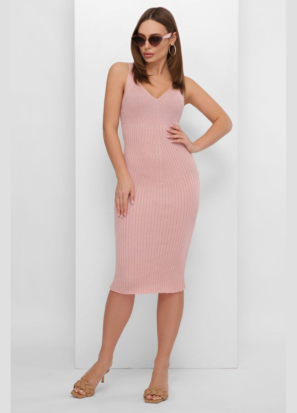 Пудровое повседневный женское летнее вязаное платье резинка (-platxe-189) MarSe