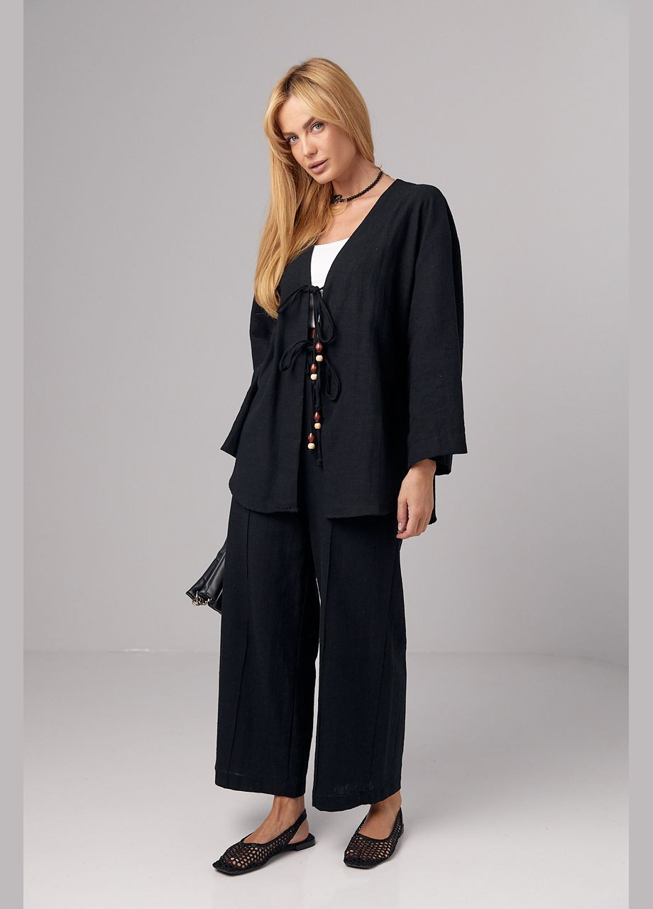 Льняной костюм с прямыми штанами и рубашкой на завязках Lurex (296471265)