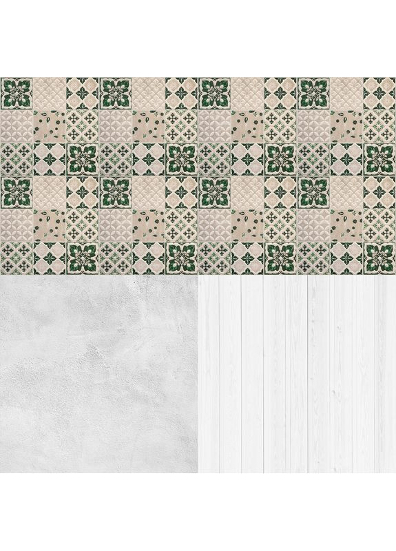 Кутовий вініловий фон 3D для зйомки, зелена плитка, підлога світлий бетон і біле дерево, 80×80 см, №58303 PhotoVinyl (354373505)