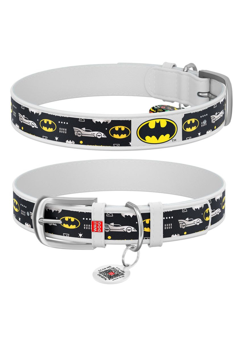 Нашийник для собак шкіряний Design з "Бетмен3" Ш 20 мм Д 29-38 см білий WAUDOG (279573011)