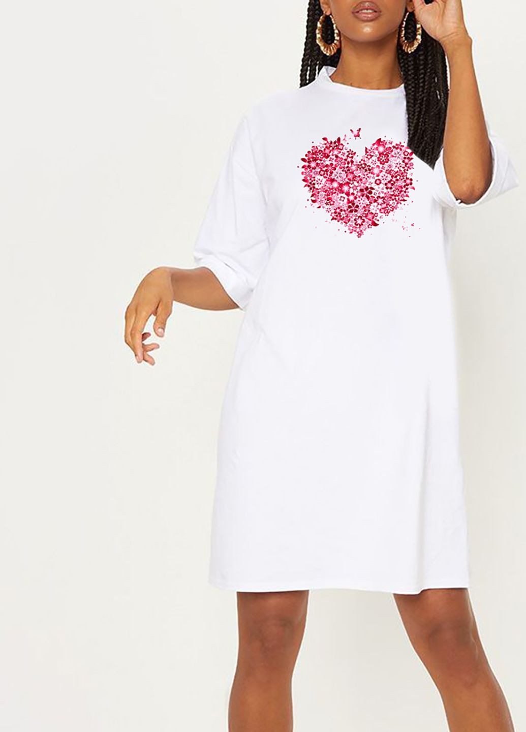 Белое платье-футболка белое с удлиненным рукавом lush bloom heart Love&Live с рисунком