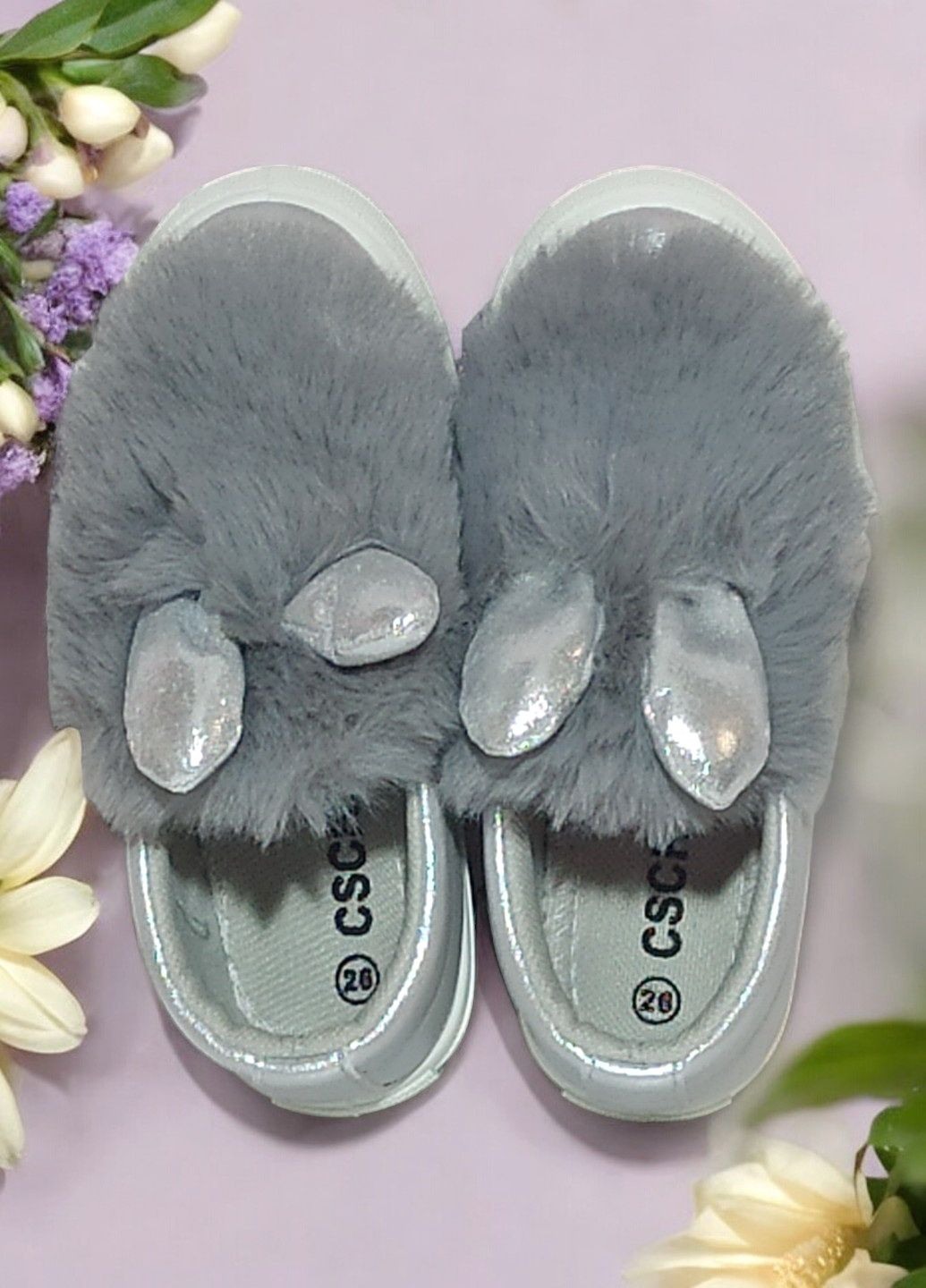 Срібні осінні кросівки пухнасті з вушками для дівчинки 7067 срібні CSCK.S