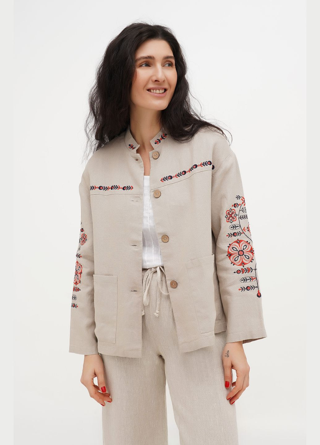 Вишитий лляний жіночий жакет із орнаментом на ґудзиках без підкладки з кишенями Флейта., р., код 5432/52/999 ГАЛЕРЕЯ ЛЬОНУ (333164578)