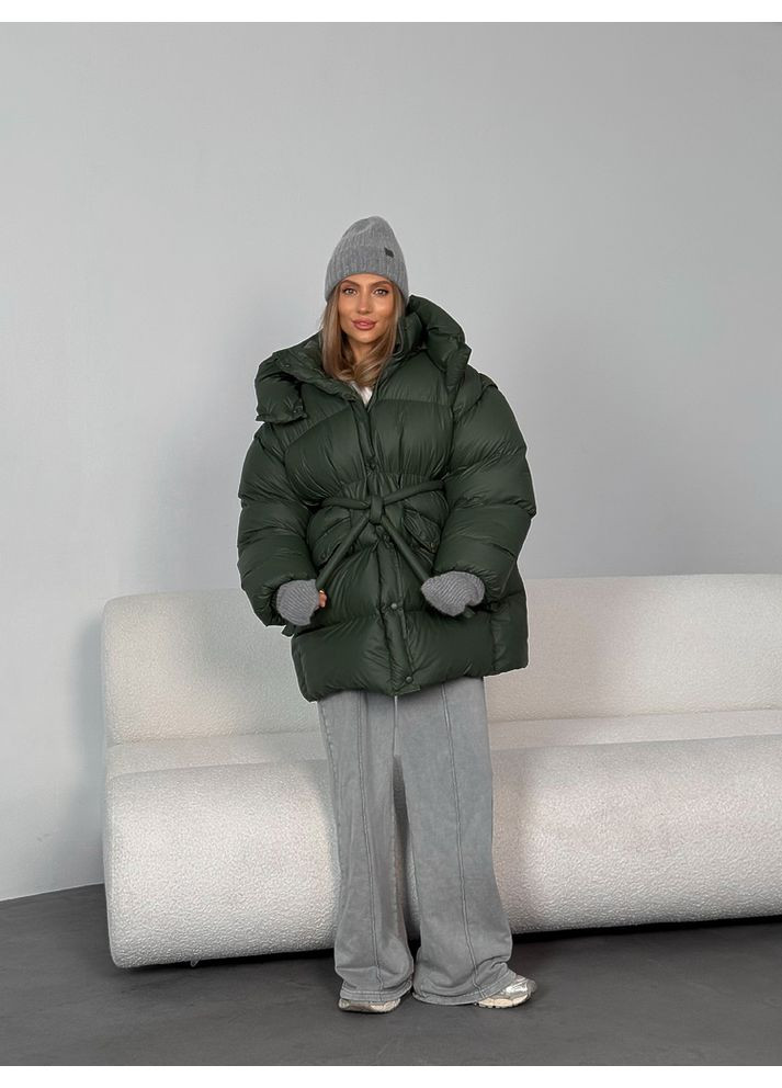 Оливкова зимня жіноча куртка transformer подовжена з кишенями і капюшоном (mil589) milirud