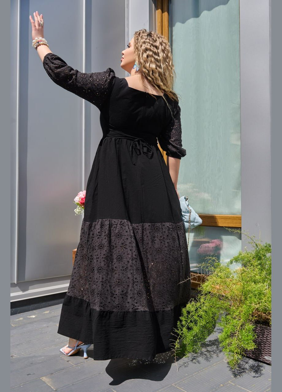 Черное повседневный женское длинное платье комбинированное а-силуэт Україна с цветочным принтом