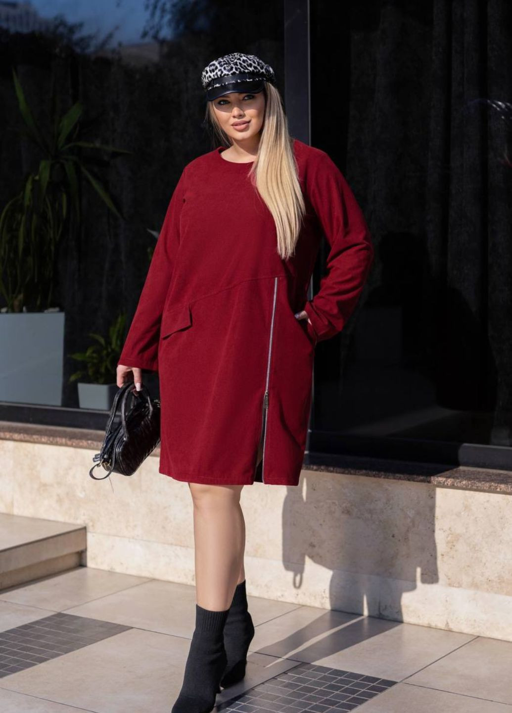 Бордовое повседневный платье из микровельвета с карманами Allthings однотонное