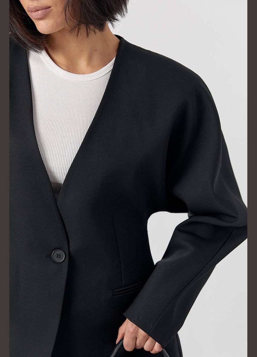 Черный женский классический жакет без воротника с имитацией карманов Lurex однотонный - демисезонный