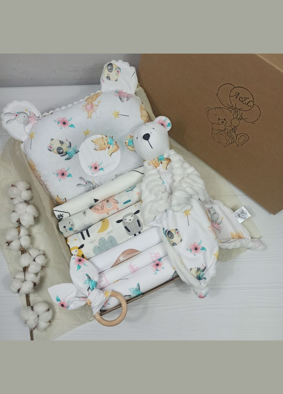 Набор для новорожденного: 6 пеленок, подушка та комфортер a.l.babybox Звірята балерини Білий No Brand (315488178)