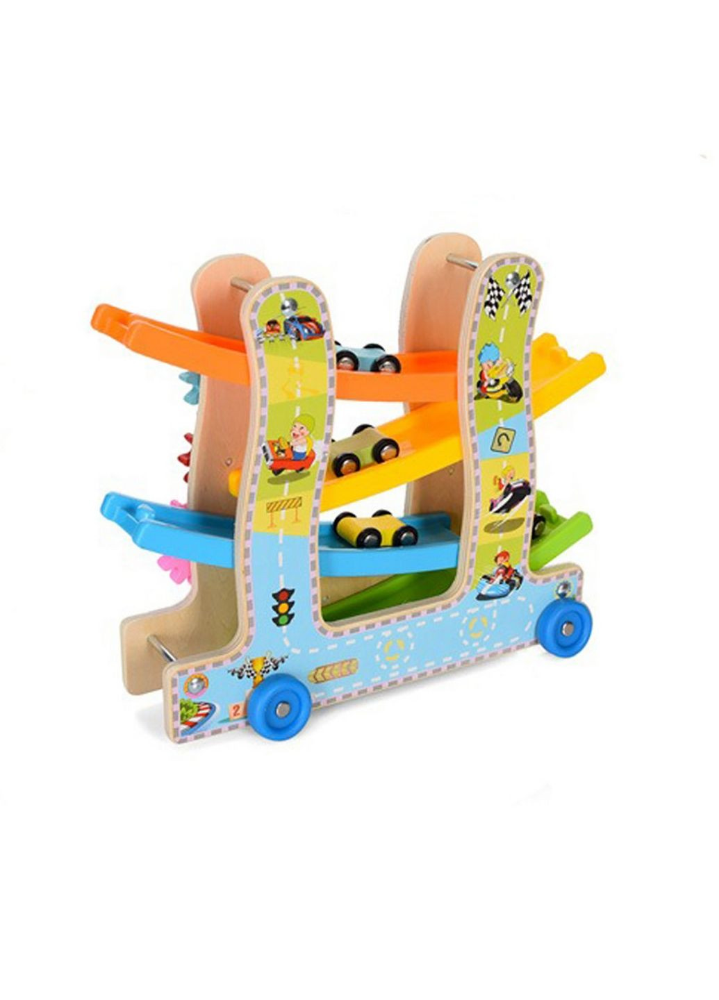 Деревянная игрушка "Трек" каталка, машинки 4см 3шт, шестеренки 26х30,5х11 см Bambi (289462506)