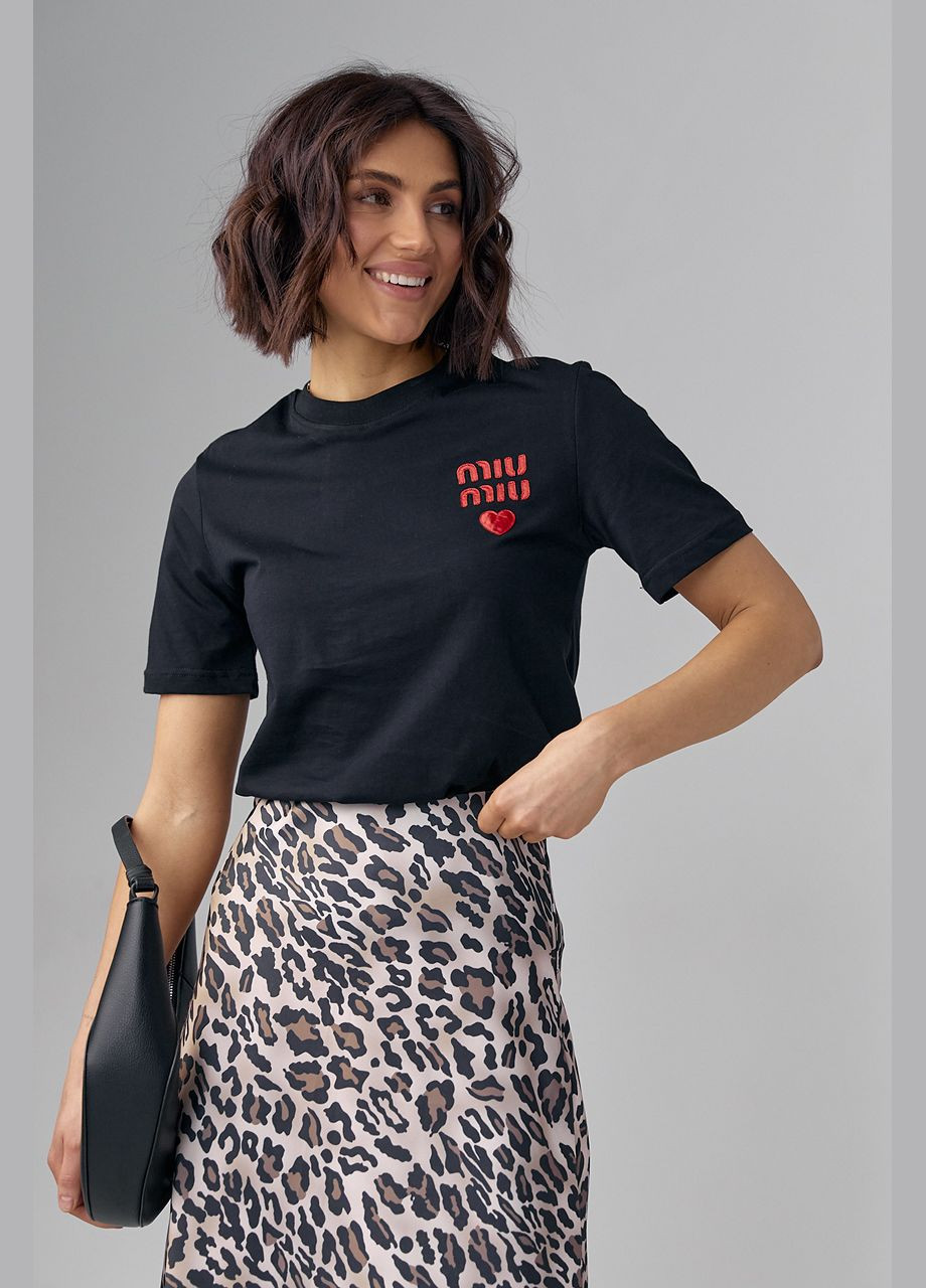 Чорна літня трикотажна жіноча футболка з написом miu miu 122345 з коротким рукавом Lurex
