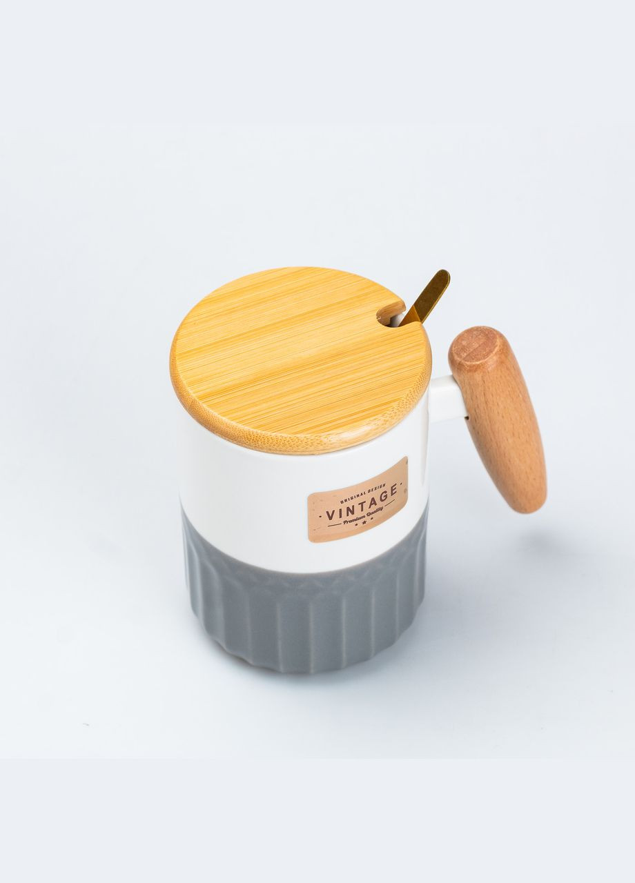 Чашка керамічна 400 мл Vintage з бамбуковою кришкою та ложкою, сірий з білим TS Kitchen (323160093)