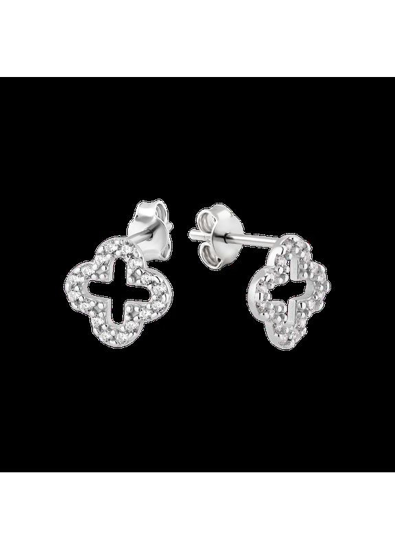 Оригінальні сережки зі срібла пусети Клевер з маленькими білими фіанітами Каштан (342335585)