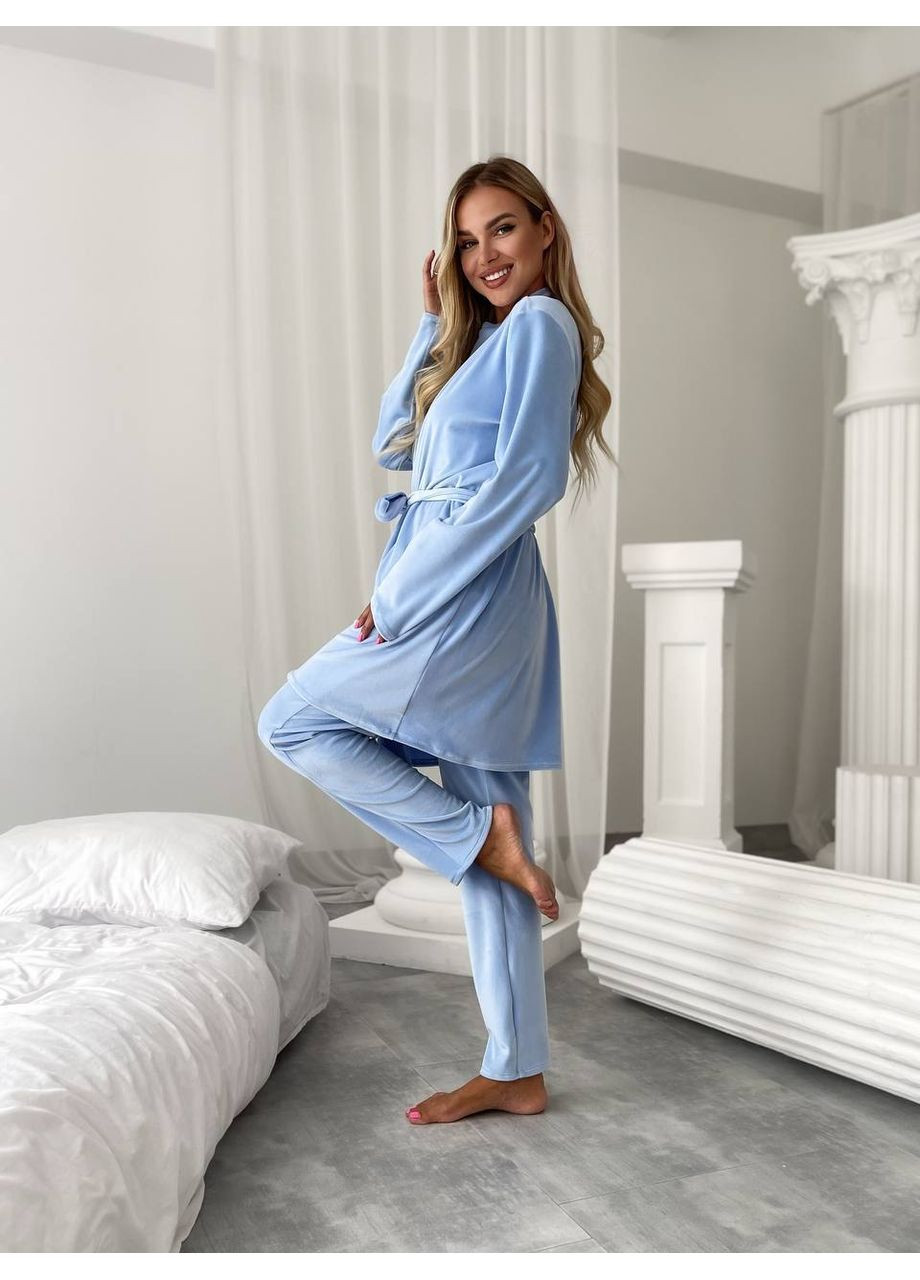 Голубая женская велюровая пижама тройка Osoblyva