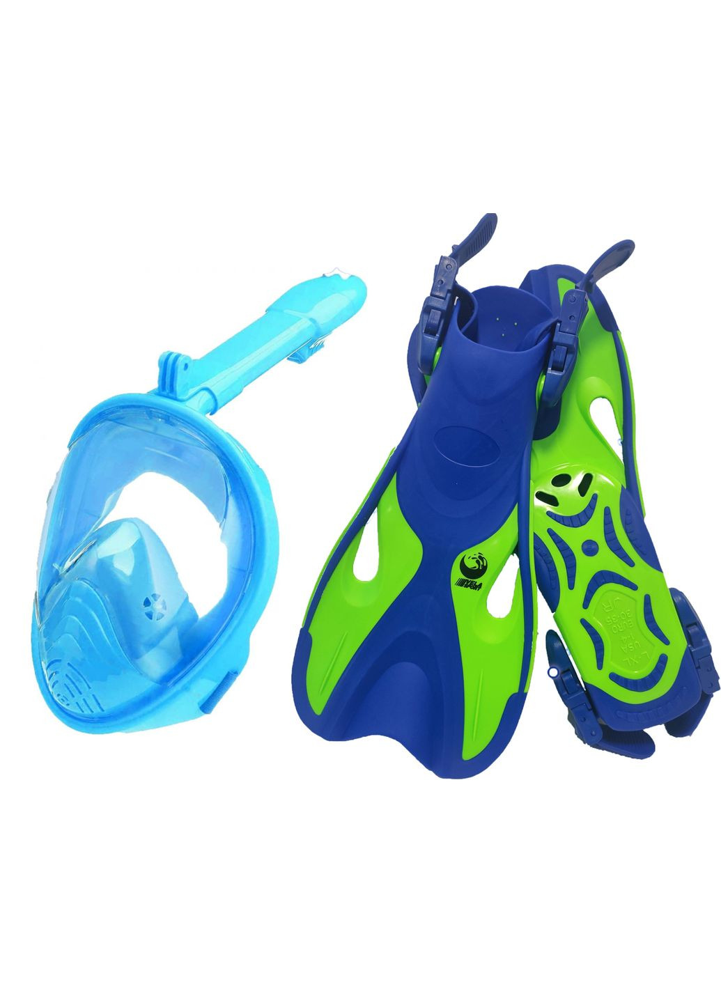Детская маска для плавания + ласты (комплект от 3 до 10 лет) Полнолицевая панорамная (X/S) Бирюзовая Ласты VelaSpor Free Breath (272798742)