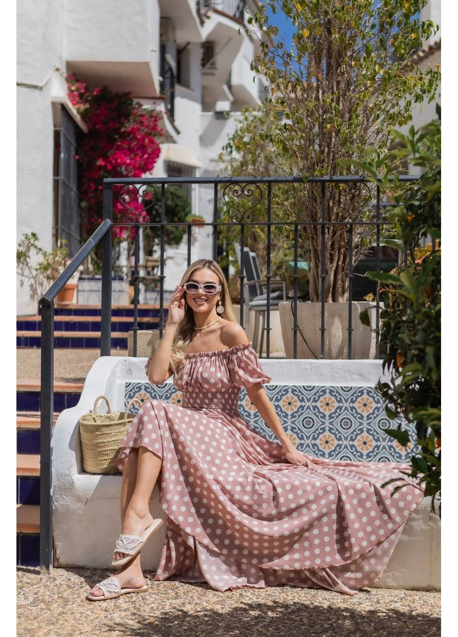 Пудровое макс платье в пол белый горох на синем No Brand