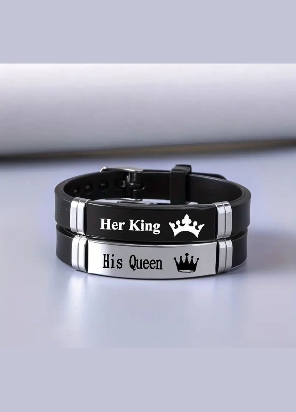 Парные браслеты каучуковые для влюбленных с металлической вставкой Король и Королева, нержавеющая сталь HIS (311222501)