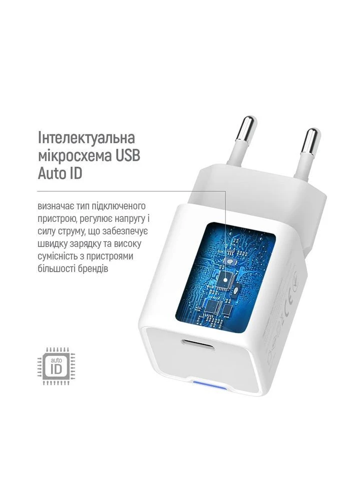 Зарядний пристрій для телефону та планшета 30W Type-C білий швидка зарядка мережевий адаптер Colorway GaN Mini (402541418)