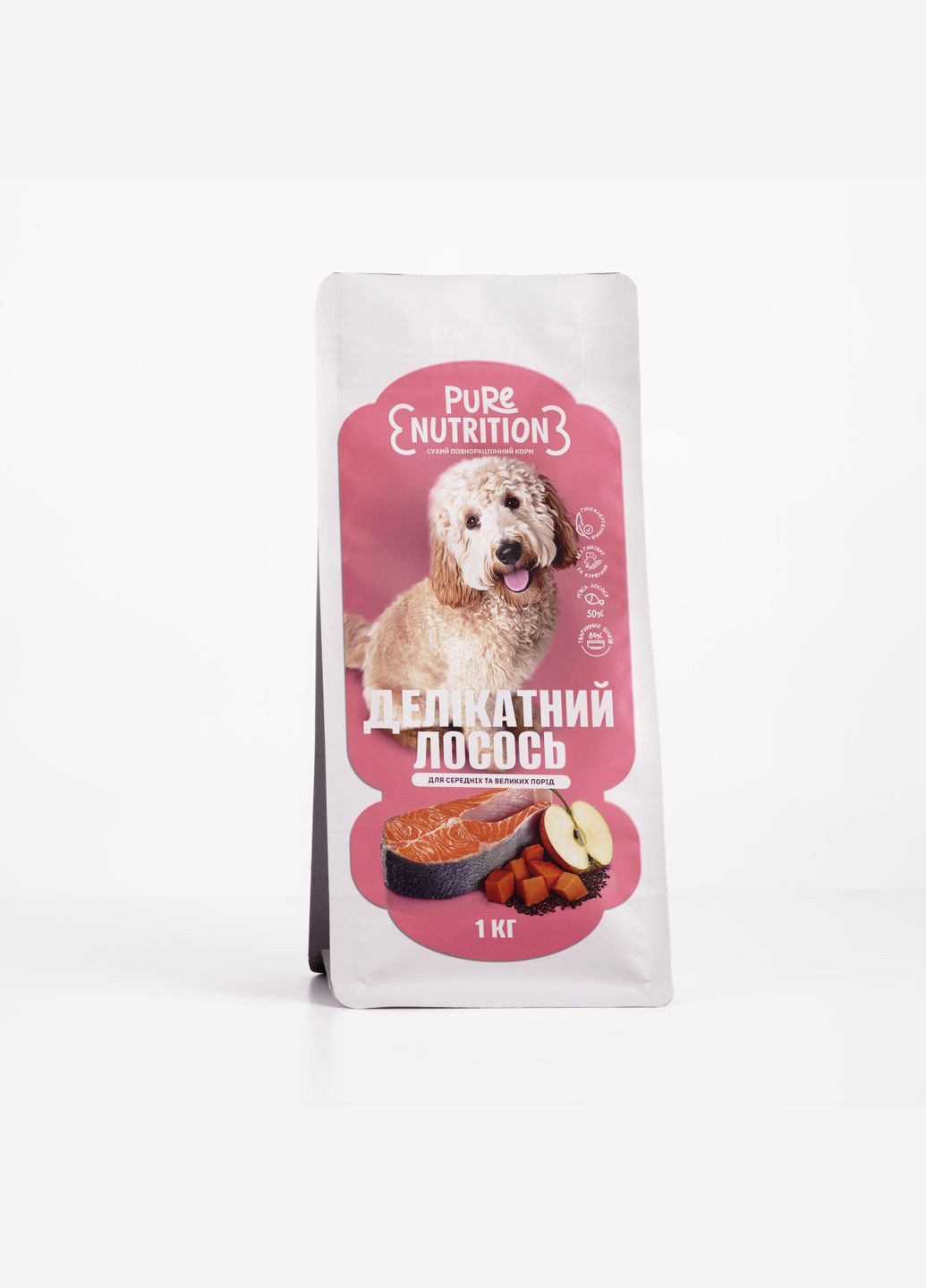 Сухий повнораціонний корм "Делікатний лосось" для собак середніх та великих порід, 1 кг Pure Nutrition (338384898)