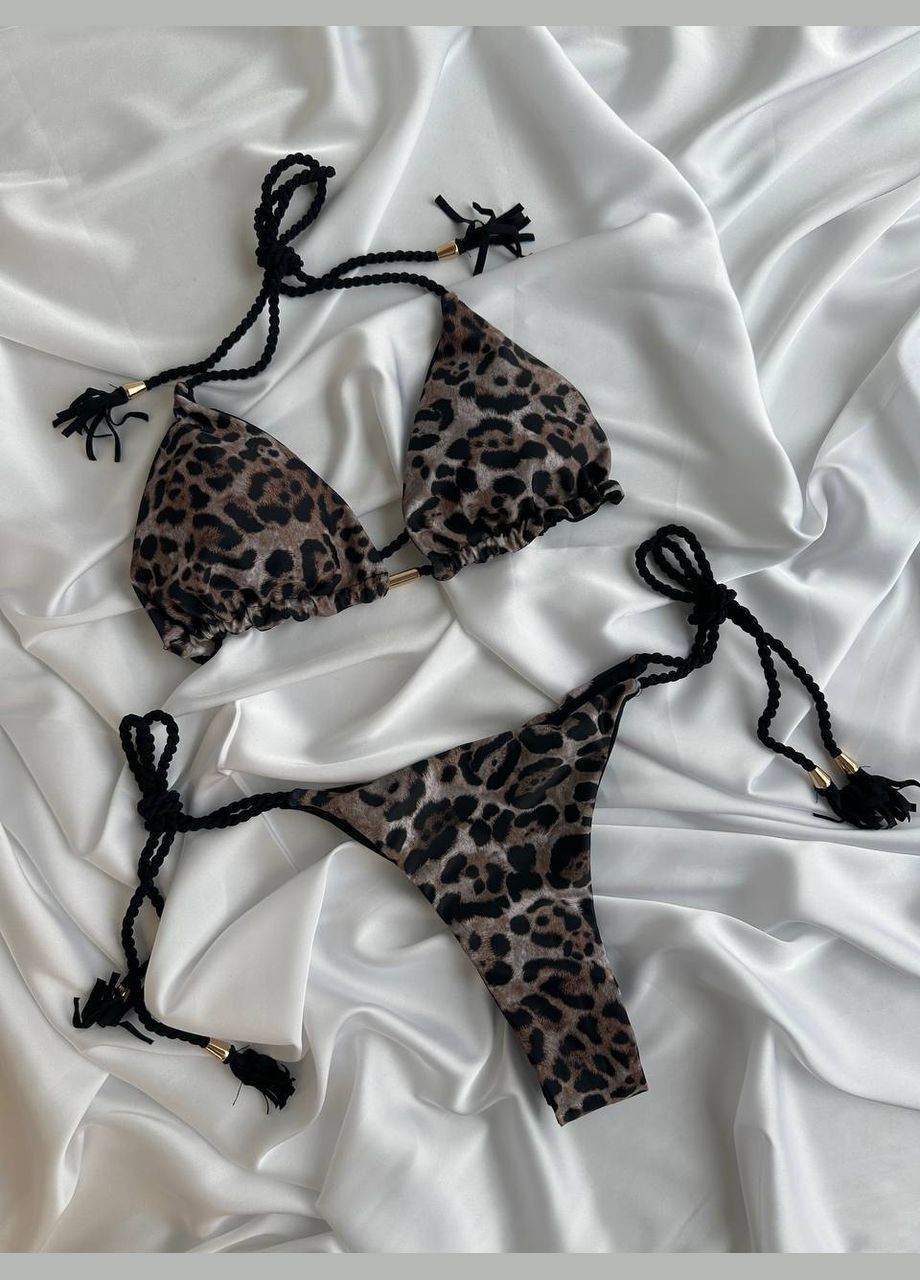 Коричневый летний женский раздельный купальник бикини на завязках wisteria леопардовый No Brand