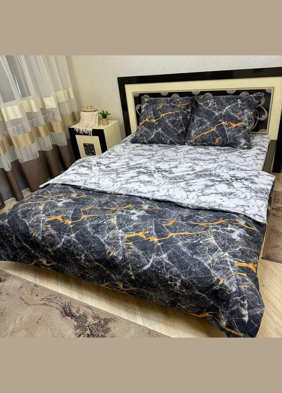 Постільна білизна бавовняна Мармур чорно-сірий Півтораспальна 150 x 220 Бязь Чорна 70 х 70 No Brand (344465435)