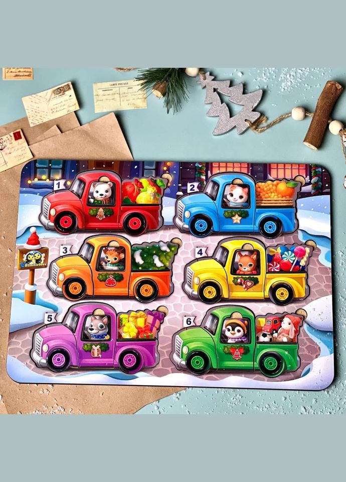 Дерев'яна гра з картками "Тварини на машинках" (ПСФ132) PSF132, 42 деталі і 12 карток Ubumblebees (364131102)