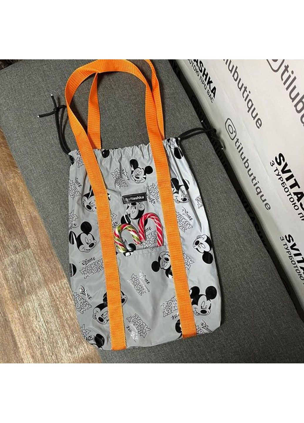 Світловідбиваюча сумка шоппер Світашка цукерочка з кишенями Міккі помаранчеві ручки No Brand (311300807)