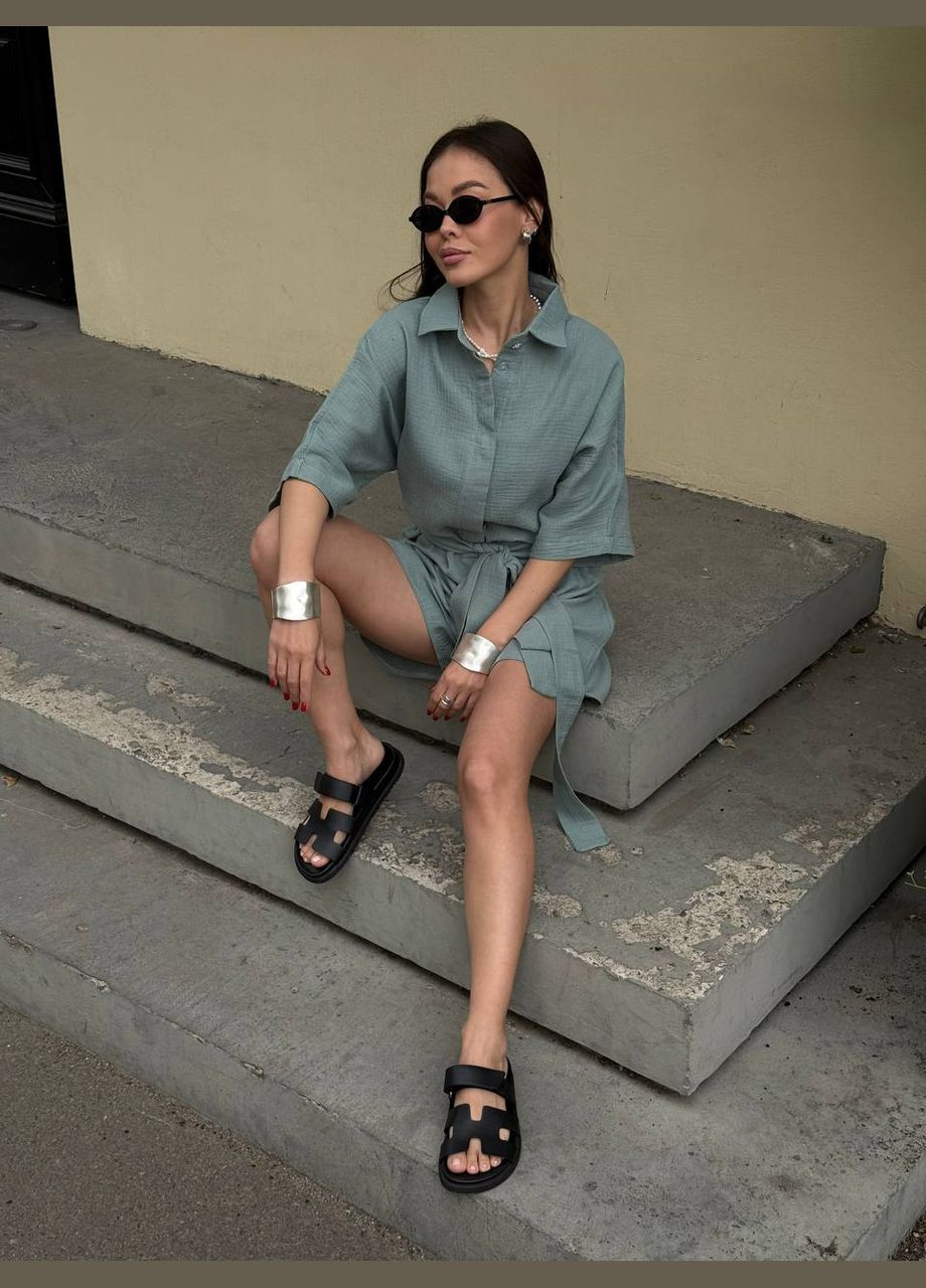 Жіночий фісташковий комбінезон No Brand однотонний фісташковий повсякденний, кежуал муслін