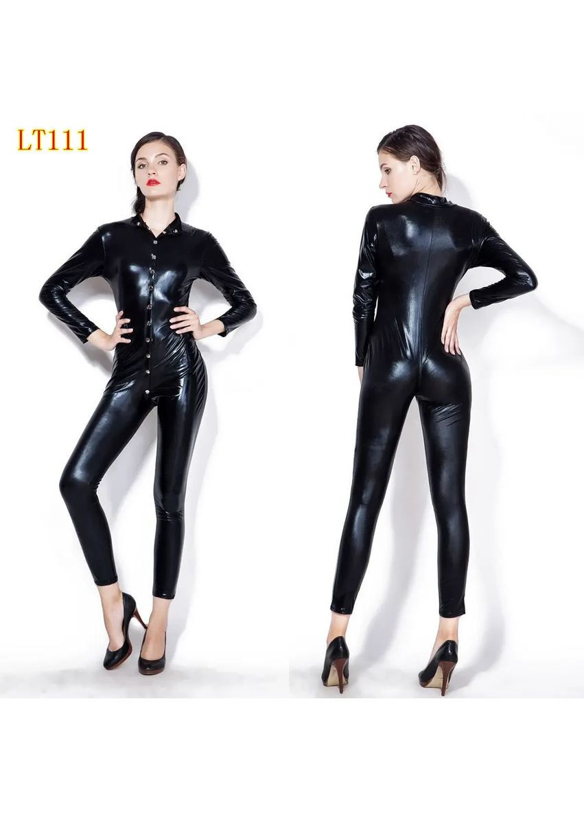 Черный демисезонный сексуальный, обжатый комбинезон из латекса на кнопках. черный женский латексный комбинезон на кнопках. No Brand