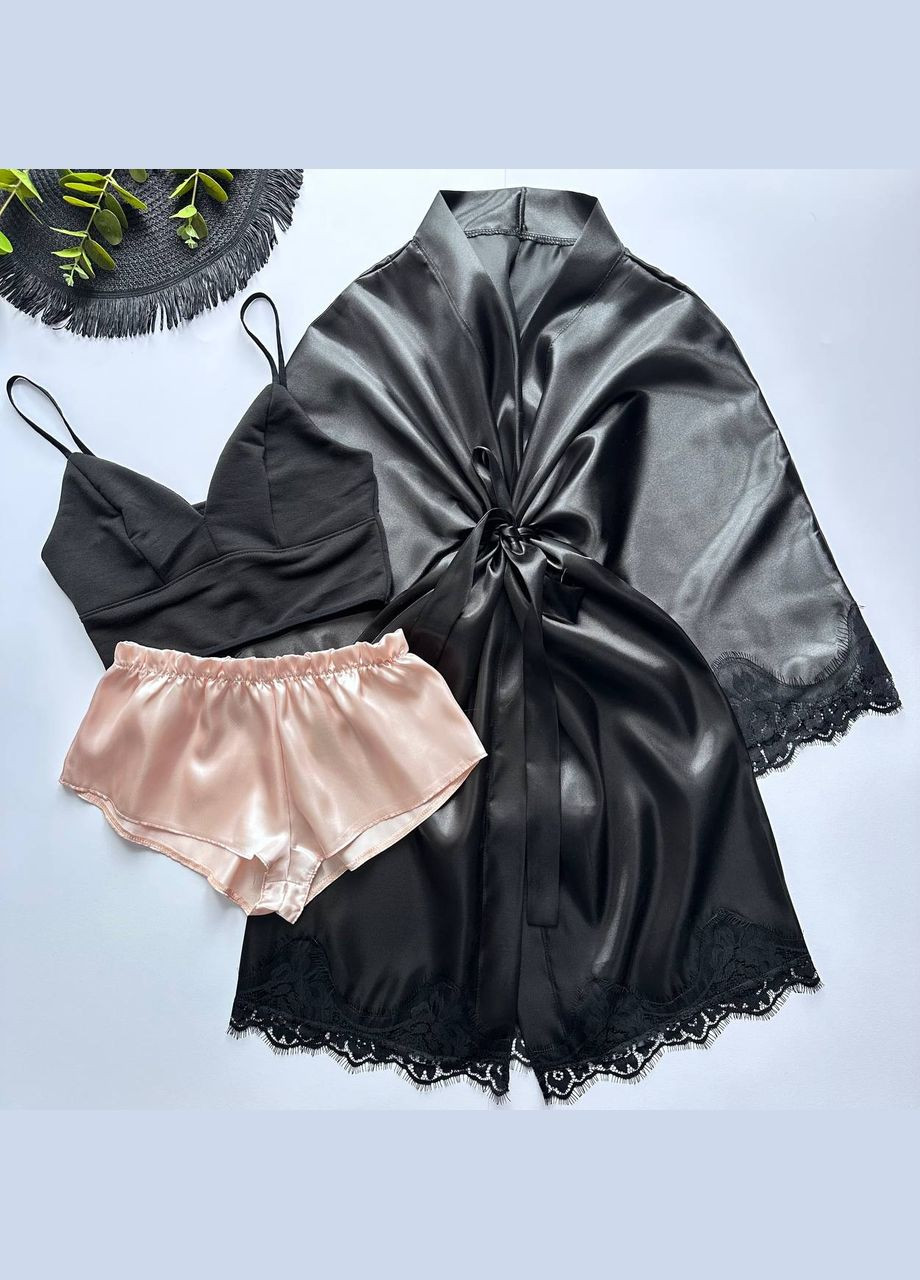 Золотий демісезонний комплект для дому атласний з халатом Exclusive