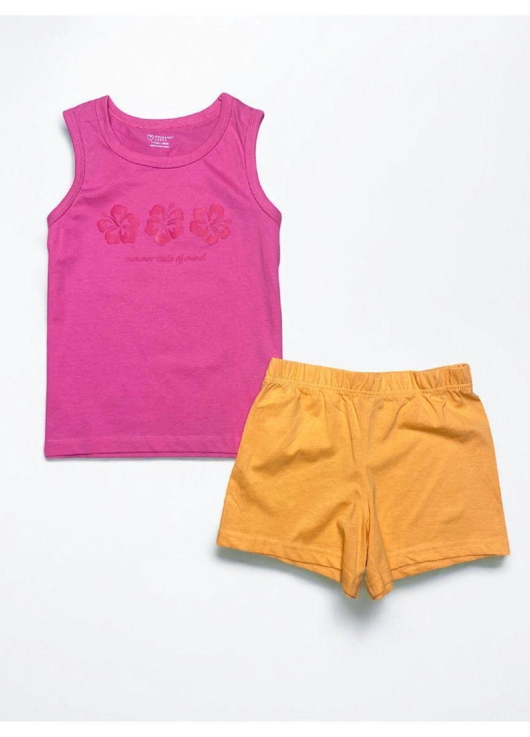 Помаранчевий костюм комплект дитячий літній майка + шорти на дівчинку аплікація квіти,, малиновий, помаранчевий Primark