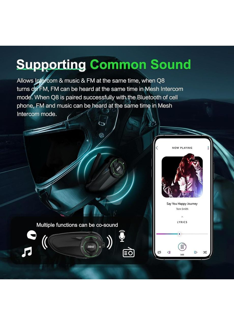 Мотогарнітура Q8, інтерком Bluetooth 1000м з CVC шумозаглушенням, FM, IP67, 1200 мАг акумулятор, з Mesh 3.0 No Brand (346493705)