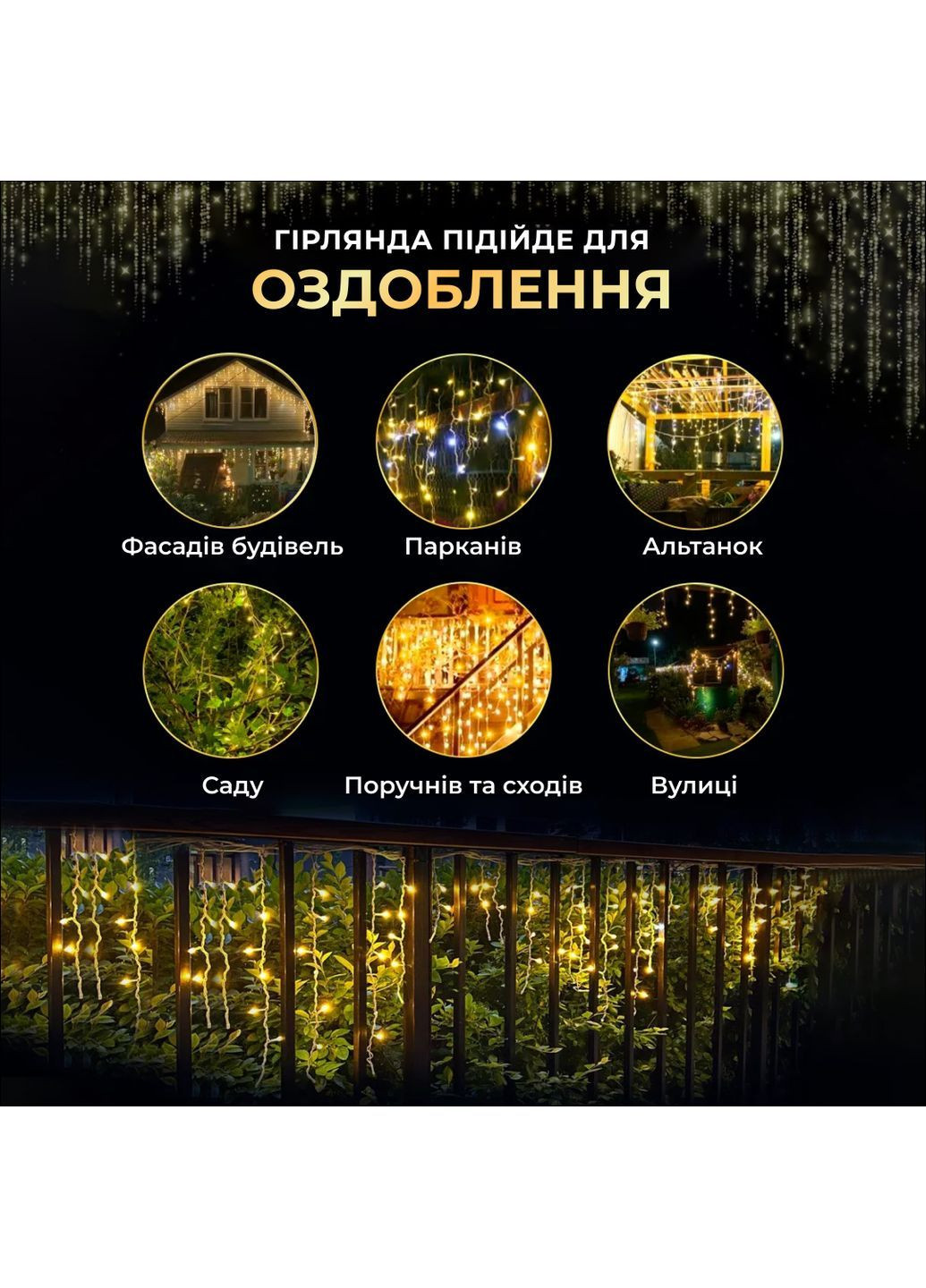 Гирлянда Бахрома уличная 200 LED 12 м черная, желтый GarlandoPro 12MBY No Brand (363978516)